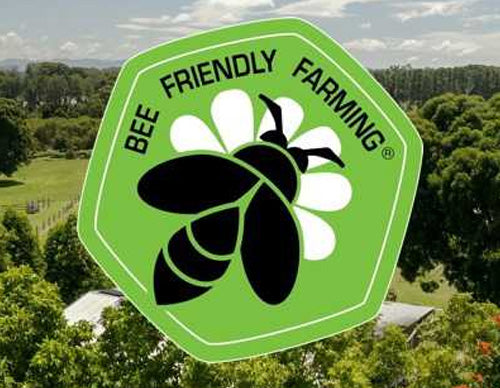 Bee Friendly Farming logo overlayed on an arial shot of a farm.
