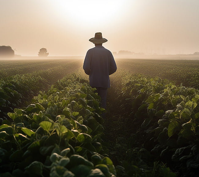 The view from behind of a person walking through rows of crops on a farm.