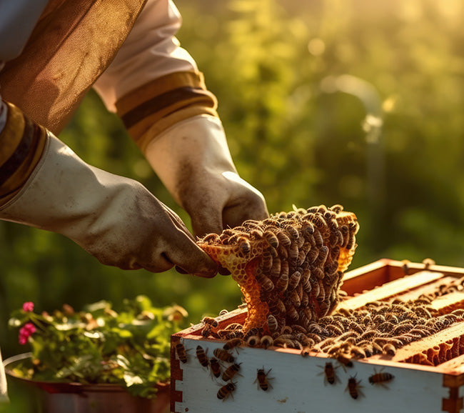 A persons hands in protective gloves pulling some honeycomb covered in bees out of a bee hive.